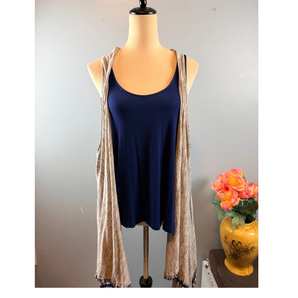 American Eagle Soft & Sexy Blue Tank w Duster Vest Layering Boho Fringe Small
